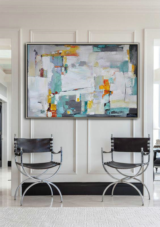 Original Abstract Oil Paintings,Oversized Horizontal Contemporary Art,Large Canvas Art,Modern Art Abstract Painting,White,Grey,Lake Blue,Yellow.etc